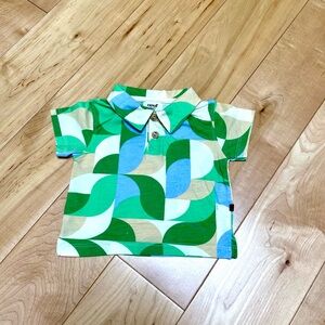 Oeuf Green Patterned Kids boys Polo Shirt organic cotton 12-18m great condition